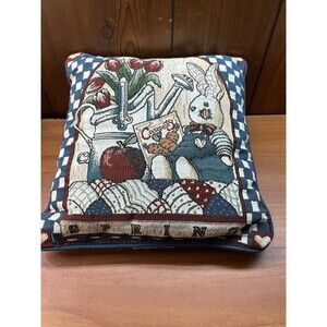 Tapestry Green Pillow Bunny Bucket Watercan Tulips Spring Garden Easter 11" x 12